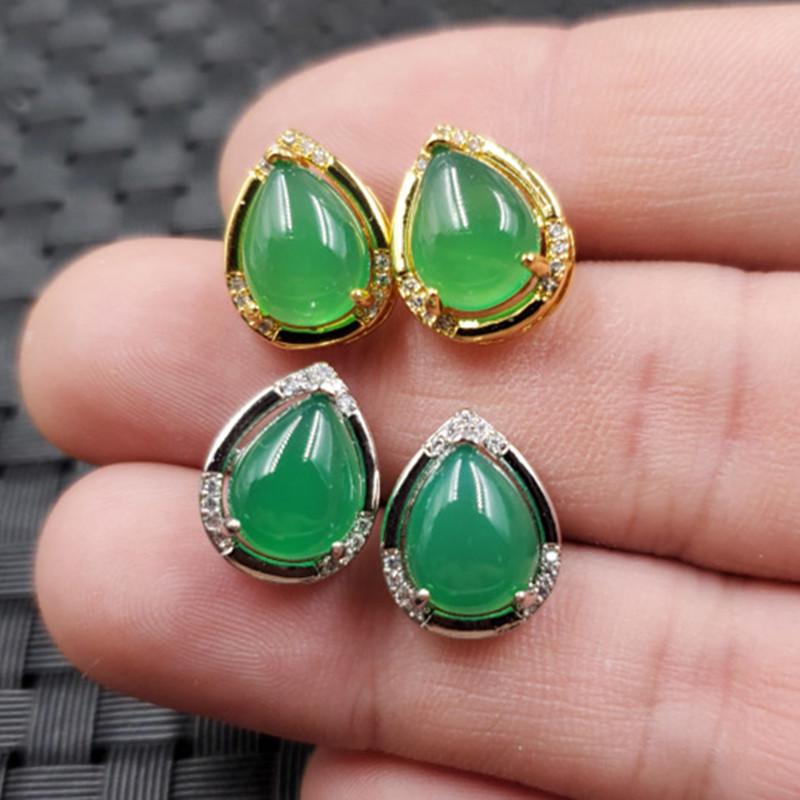 Emerald Green Ice-Type Chalcedony & Agate Water Drop Earrings with Diamond Inlay Gold Version