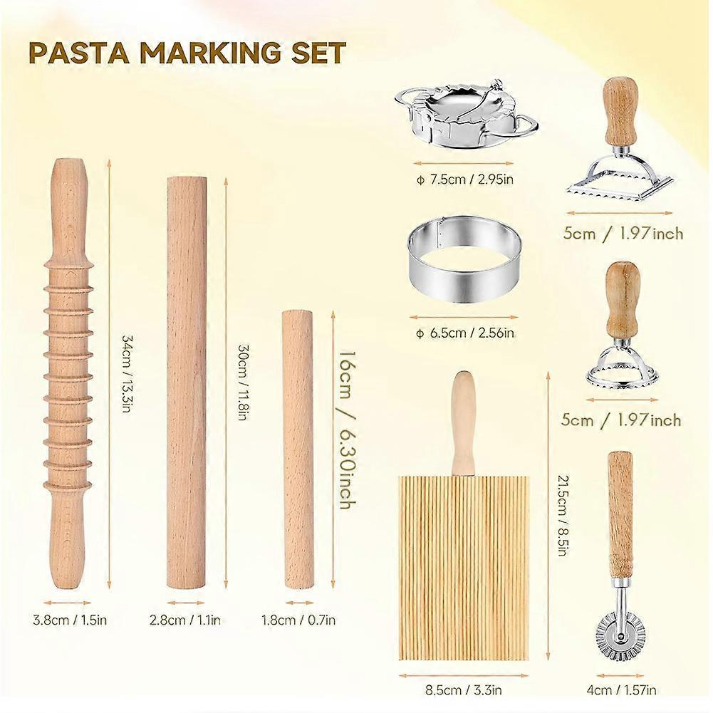 9Pcs Pasta Making Tools Set, Wooden Rolling Pin, Gnocchi Board, Ravioli Stamp Maker Cutter, Pastry Cutter Wheel