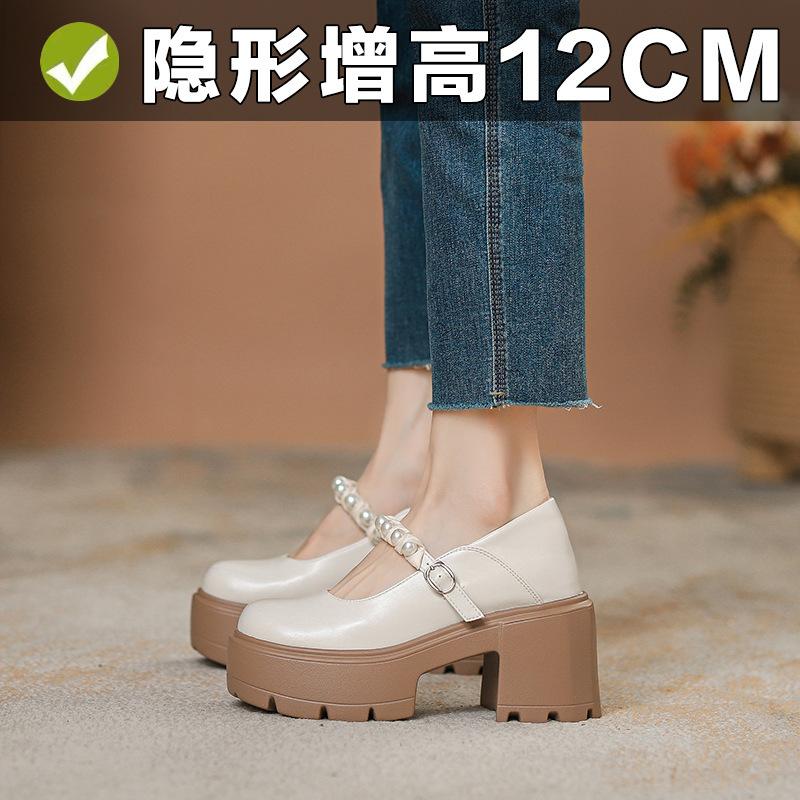 Leather spring and summer new inner height increase Mary pearl shoes women's high heels single shoes small size 3233 white versatile round head