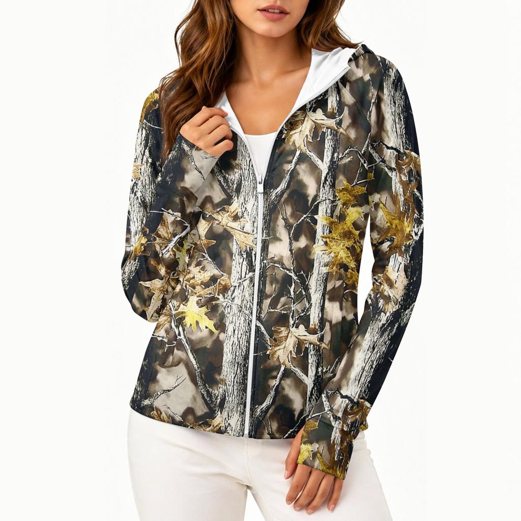 Chaqueta Ligera con Cremallera y Capucha para Mujer con Bolsillos de Manga Larga Estampada Protección Solar Ropa de Abrigo para Actividades al Aire Libre