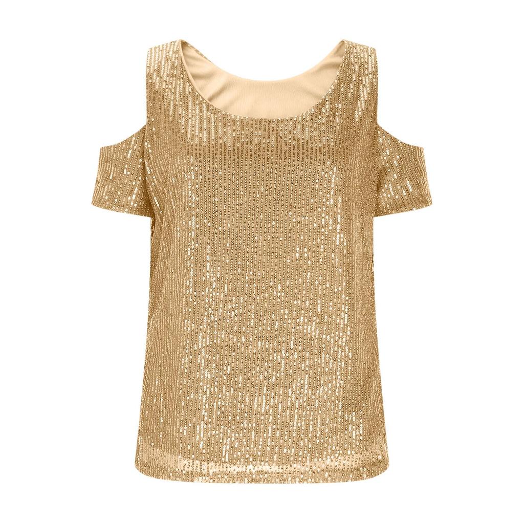 Damen Modisches Und Bequemes Lockeres Pailletten-Kurzarm-Top