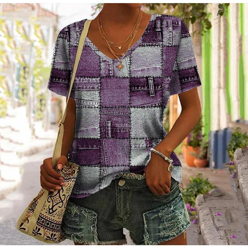 Retro Patchwork Damen T-Shirt Kariertes bedrucktes Top Damenbekleidung V-Ausschnitt Harajuku T-Shirt