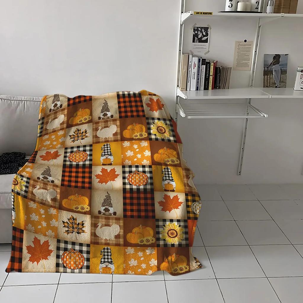 Thanksgiving Pumpkin Blanket Super Soft Flannel Throw Blankets Pumpkin Turkey Maple Leaf Gnome Plaid Blanket Plush Blankets Gift