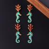[HF]#1Pair Vintage Micro Diamonds Earrings For Woman Coral Seahorse Enamel Jewelry Gift High Quality Elegant Accessories