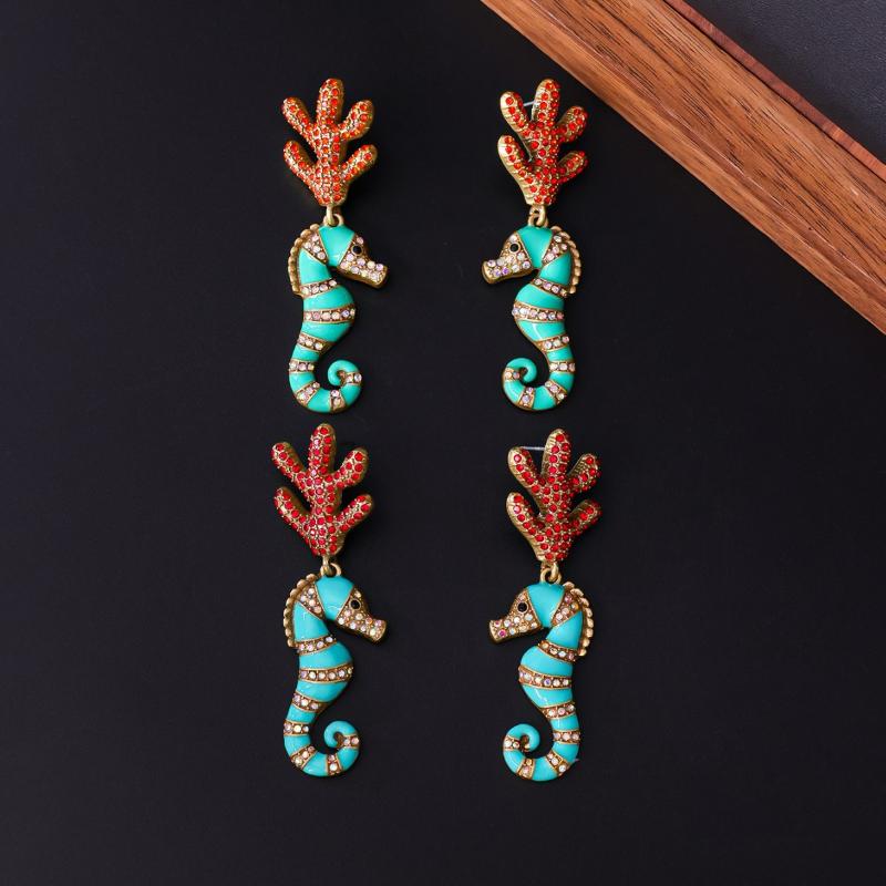 [HF]#1Pair Vintage Micro Diamonds Earrings For Woman Coral Seahorse Enamel Jewelry Gift High Quality Elegant Accessories