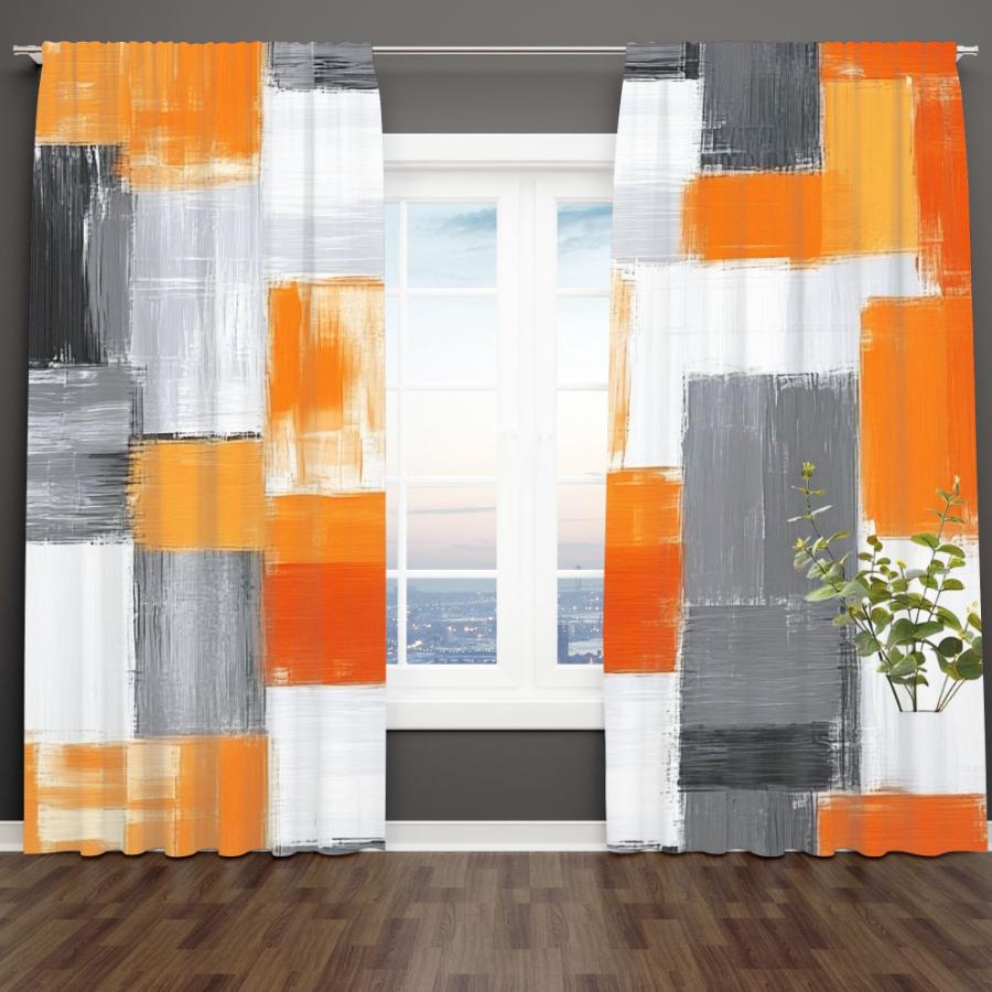 2PCS Digital Printed Curtains, Orange Gray Brushstroke Abstract Art, Modern Home Decor Style for Living Room Bedroom Decor