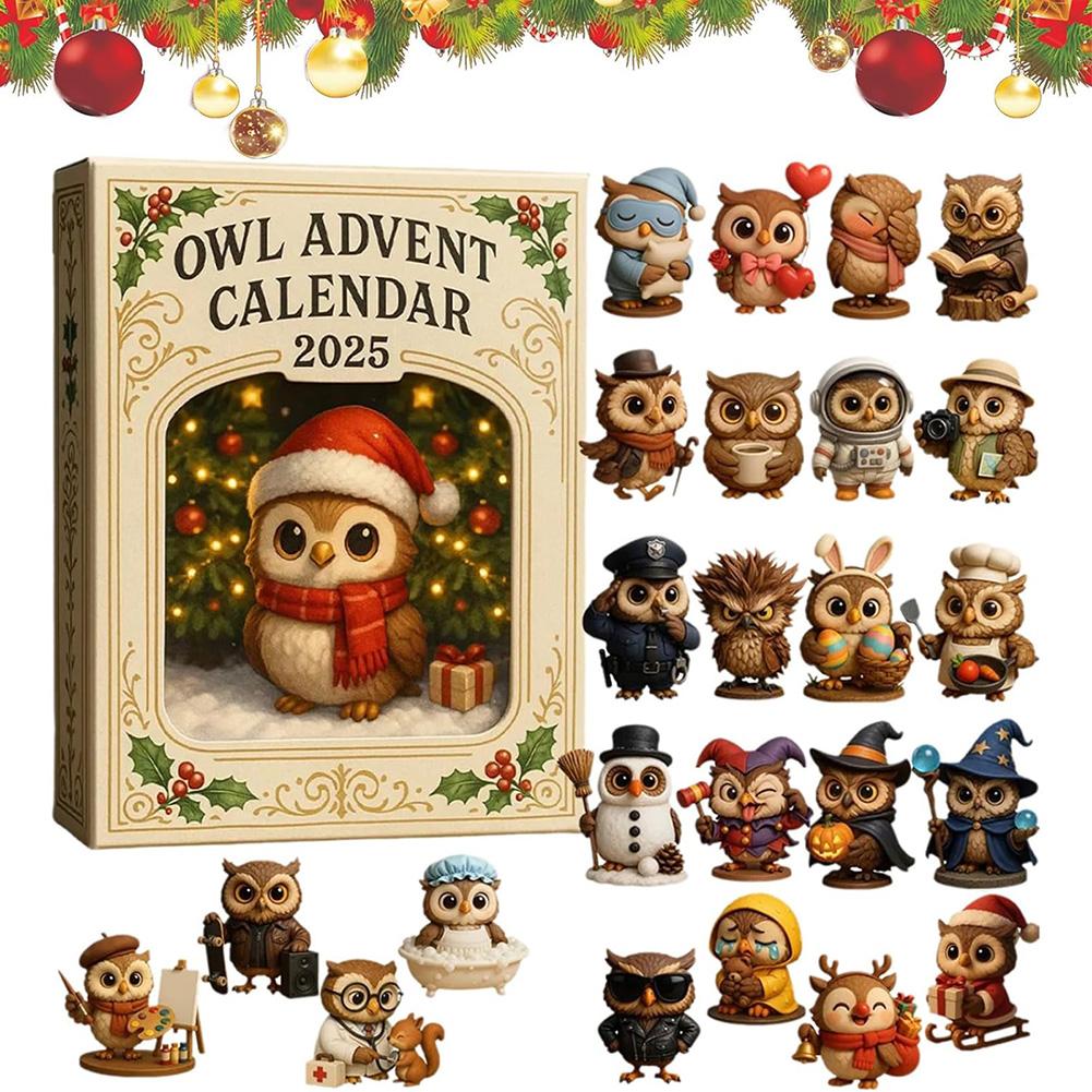 Owl-Advent Calendar 2025 24 Pack Xmas Tree Ornaments Set For Kids' Room Xmas Fun