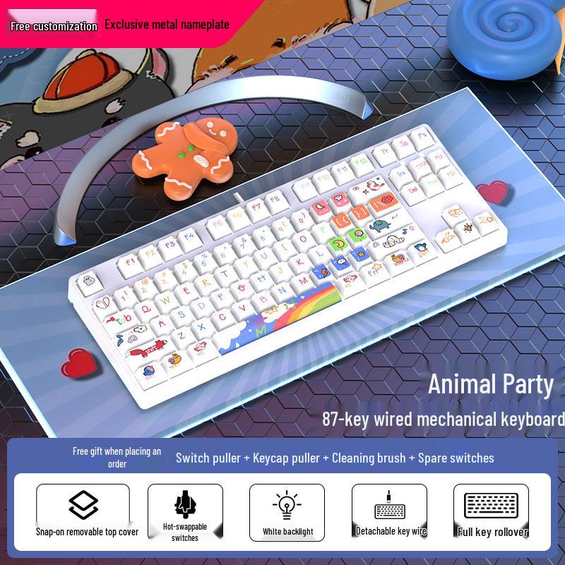 87-Key Cute Mechanical Keyboard, Wired Blue Switch, Personalized PBT for Gaming, Esports, Office, Creative Girls
