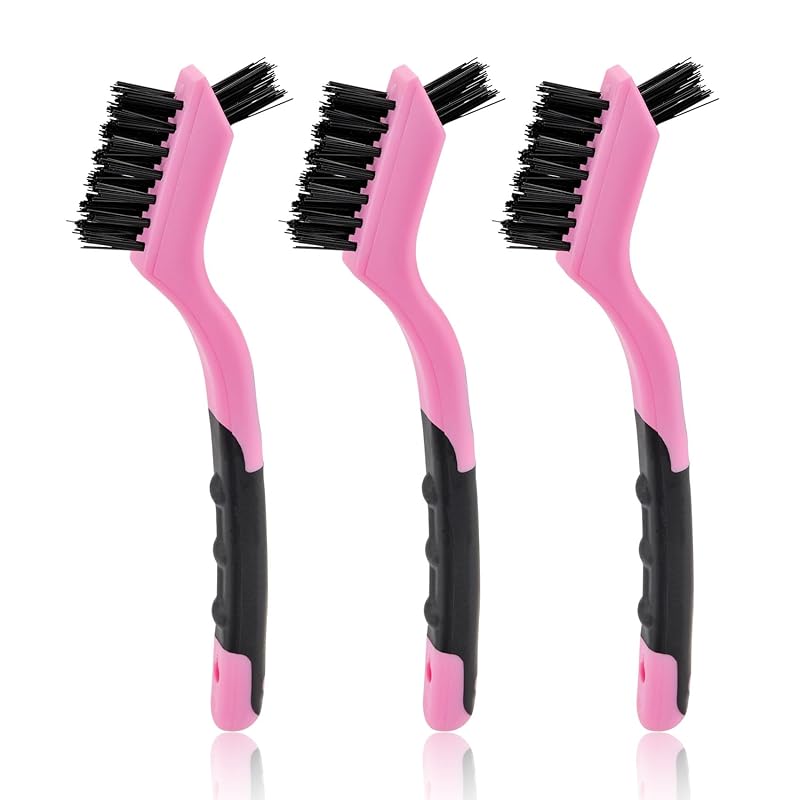 MAXMAN Small Cleaning Brush, Nylon Cleaning Brush 3-Pack, Hard Bristle Crevice Cleaning Brush, 7  Deep Clean Detailing Tools, Small Cleaning Brushes 3 PCS Nylon Bristles Pink