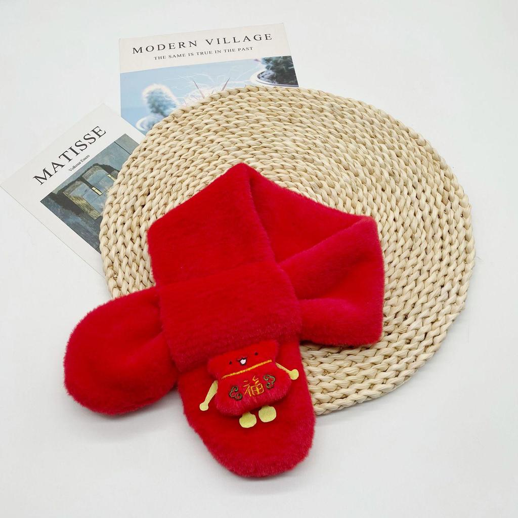 Red Cartoon Unisex Plush Scarf for Kids - Warm and Cozy for Autumn/Winter, Perfect for First Birthdays, Students, Christmas & New Year’s Celebrations