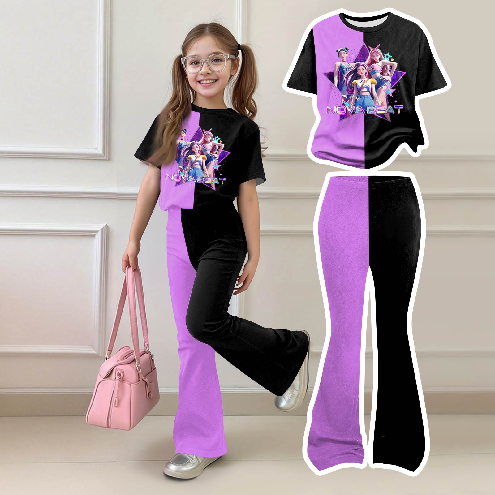 

Girls Short Sleeve Graphic Tee And Flare Pants Set With Star Casual Two Piece Outfit For Kids 160 чёрный