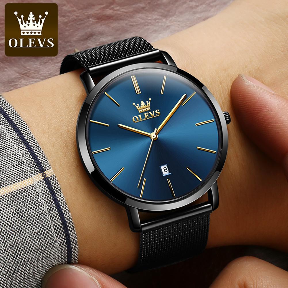 OLEVS Ultra Thin 6.5mm Minimalist Fashion Quartz Watch for Men Mesh Steel Strap Auto Date Waterproof Men Wristwatches