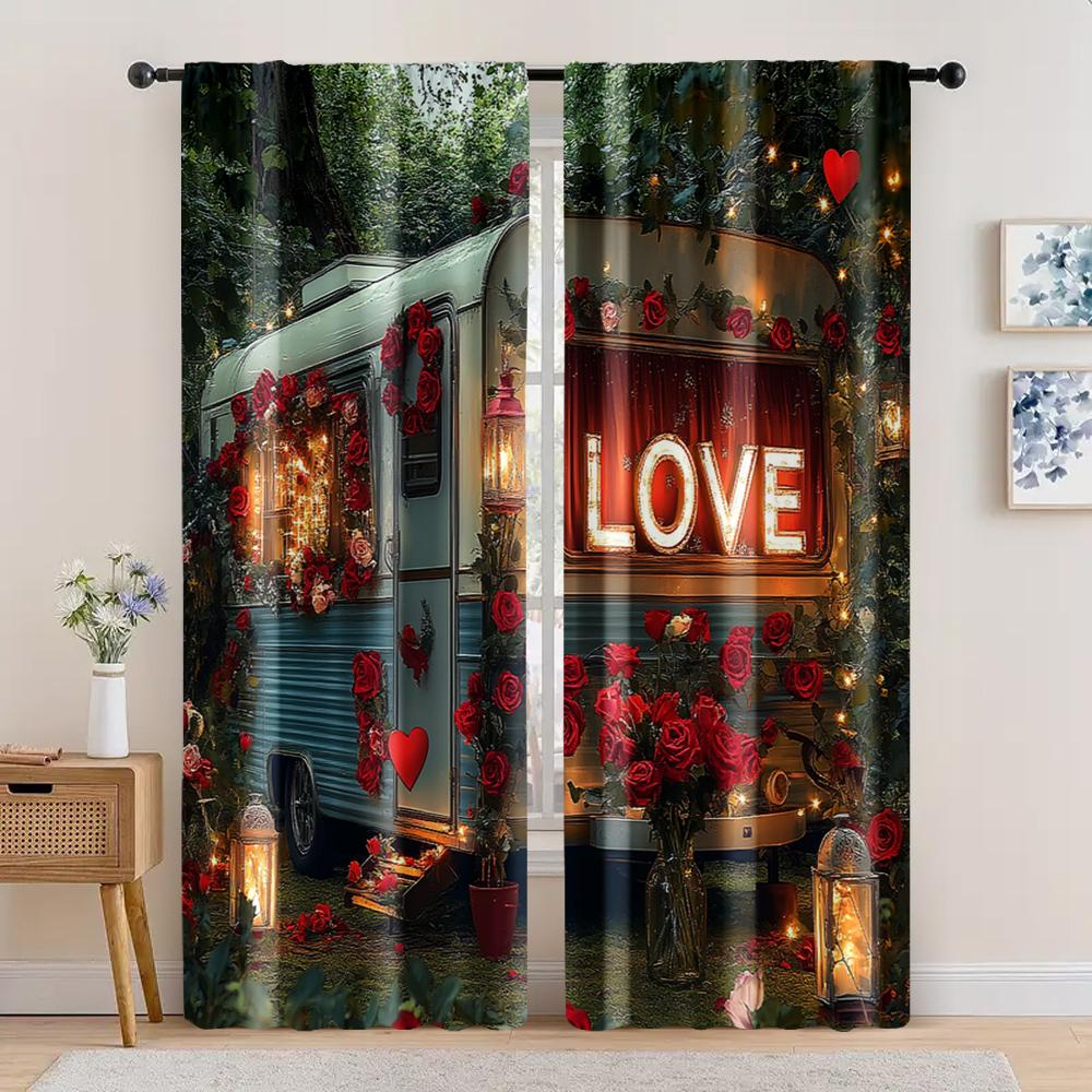 

2 шт., Сценические шторы С Днем Святого Валентина_ Цветы красных роз_ Ткань с рисунком машины и леса, Без электричества Идеальные праздничные украшения 29x65in(75x166cm)