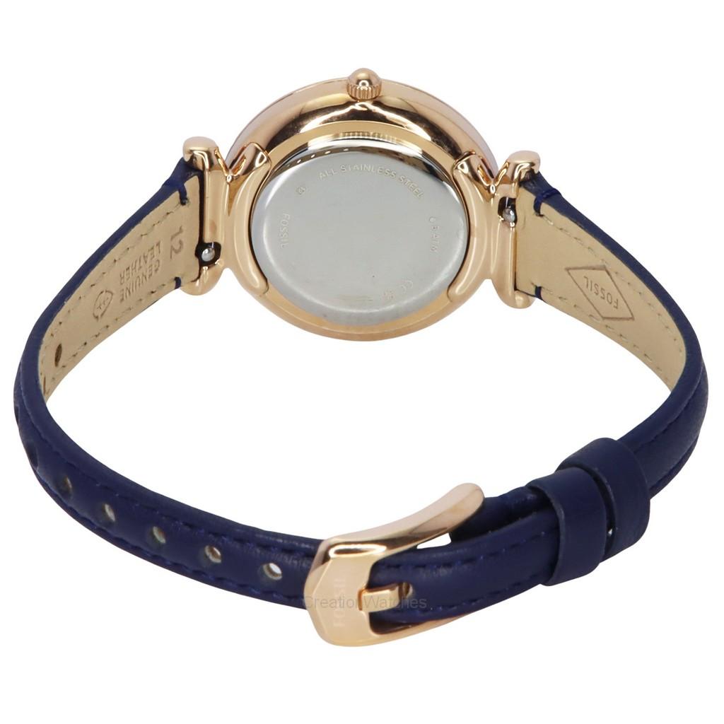 Fossil Montre Femme Carlie Accents Cristal Cadran Argenté Cuir LiteHide Marine Quartz ES5295