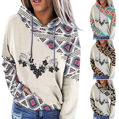 Azteken-Kapuzenpullover für Damen, geometrisches Muster, langärmelig, Farbblock-Pullover, Kordelzug-Sweatshirt