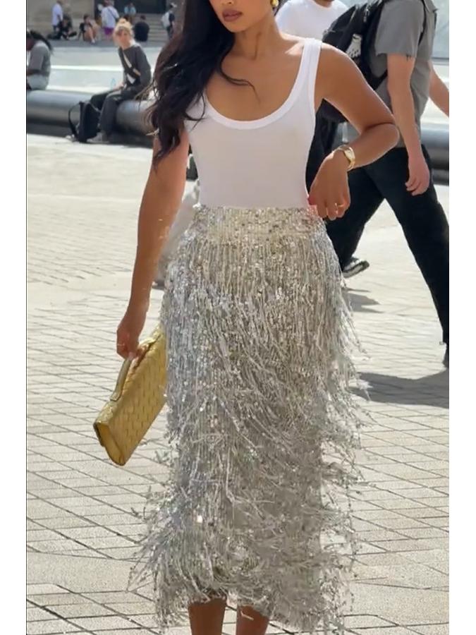 Women's Tassel Sequin Pencil Skirt with Slit - Solid Color, European & American Style