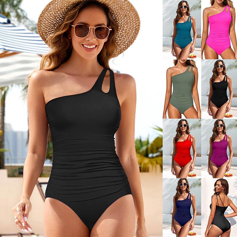 

2025 Fashion Europe and The United States New Solid Color Sexy Shoulder Halter Cover Meat Thin One-piece Women s Swimsuit Swimsuit XXL рожевий червоний колір