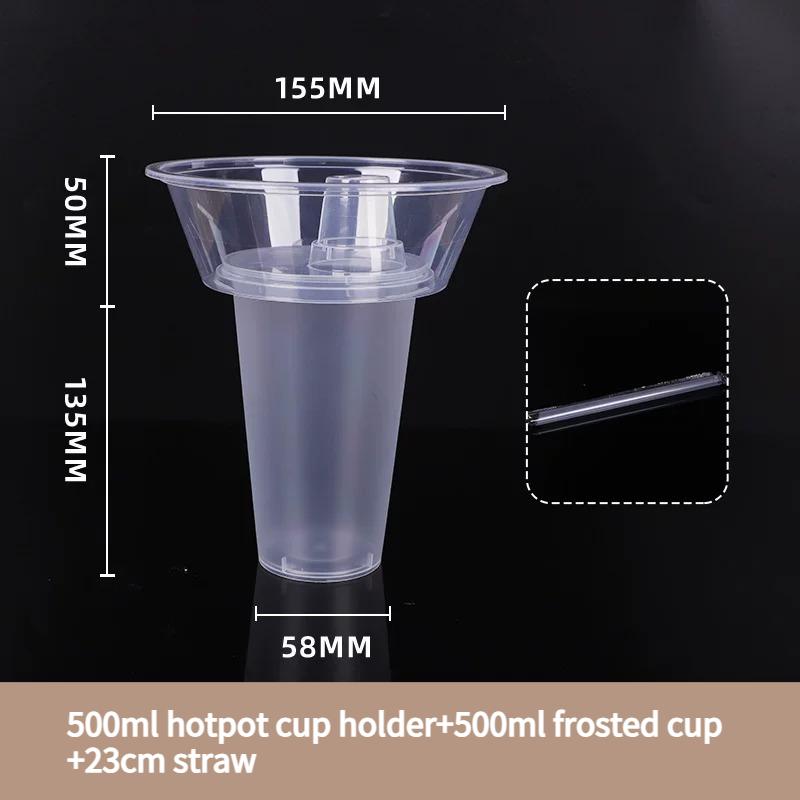 Kreativer Hot Pot Becher zum Mitnehmen Tragbarer Kaltgetränkebehälter mit Deckel Strohhalm 500ml 700ml Verdickter Einweg-Fruchtbecher Frittiertes Hähnchen Snack Schale 20sets brown