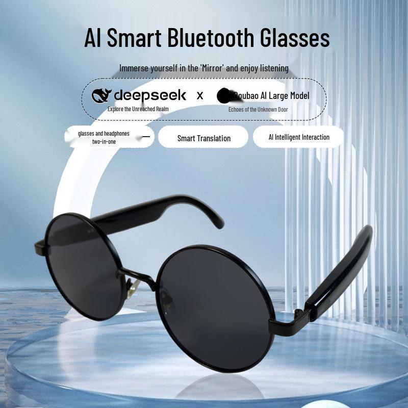 AI Smart Glasses with Bluetooth Calling & Music, Retro Oval Frame Sunglasses, Black Technology