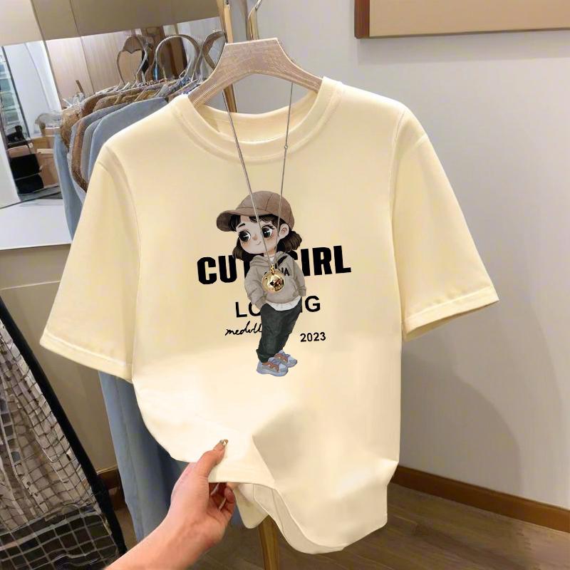 

Crew neck cartoon apricot shoulder cotton short-sleeved T-shirt slim 2025 summer new inner top thin trendy S