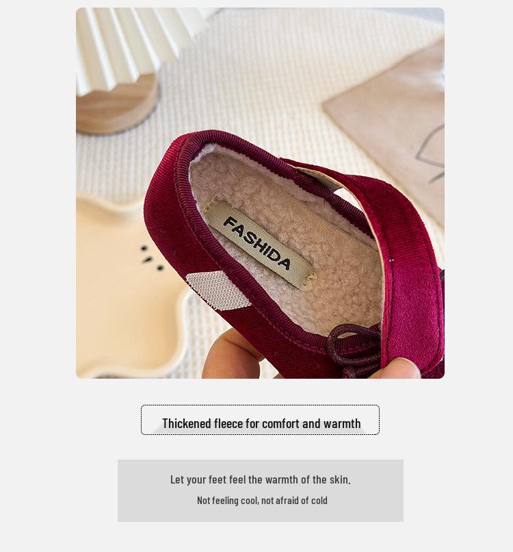 Autumn/Winter Girls' Bow Cotton Baby Flats, Versatile Velvet Low-Cut Princess Shoes