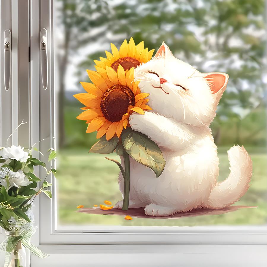 Cute Cartoon Fresh Cat Holding Flowers Window Stickers, Self-Adhesive Double-Sided Visible Decor for Bedroom Dorm Room Study Room Decoration