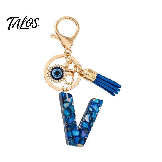 Talos Blue Series Keychain Pendant, Initial Letter Charm Key Chain with Eyes Tassel Design, A-Z Holder for Bags Backpacks Cars Accessories