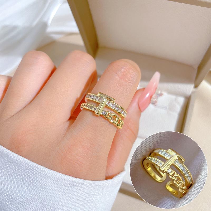 ZAKOL Korean Fashion Three-layer Shiny Zircon Nail Open Ring for Women Engagement Wedding Party Zircon Gift