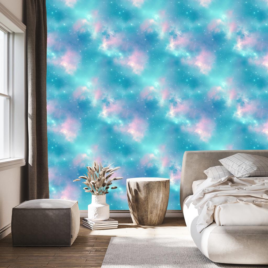 Watercolor Galaxy Wallpaper Turquoise, Blue and Celadon 50x1000