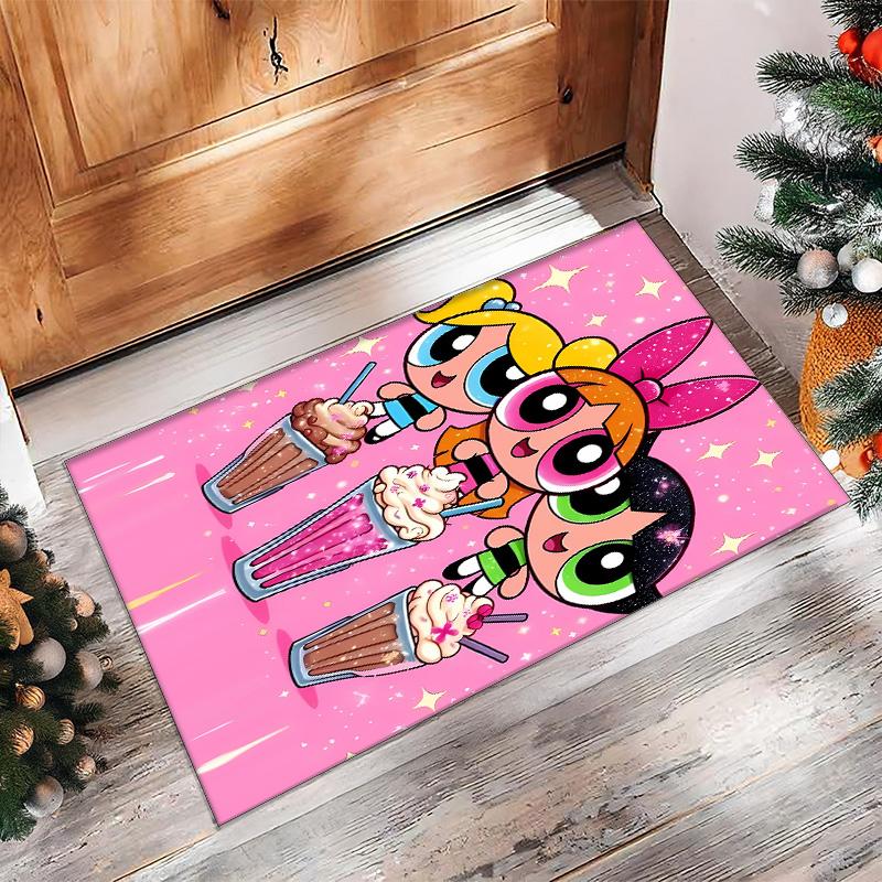 The Powerpuff Girls Printed Crystal Velvet Area Rug, Soft Anti-Slip Water Absorbent Floor Mat for Living Room Bedroom