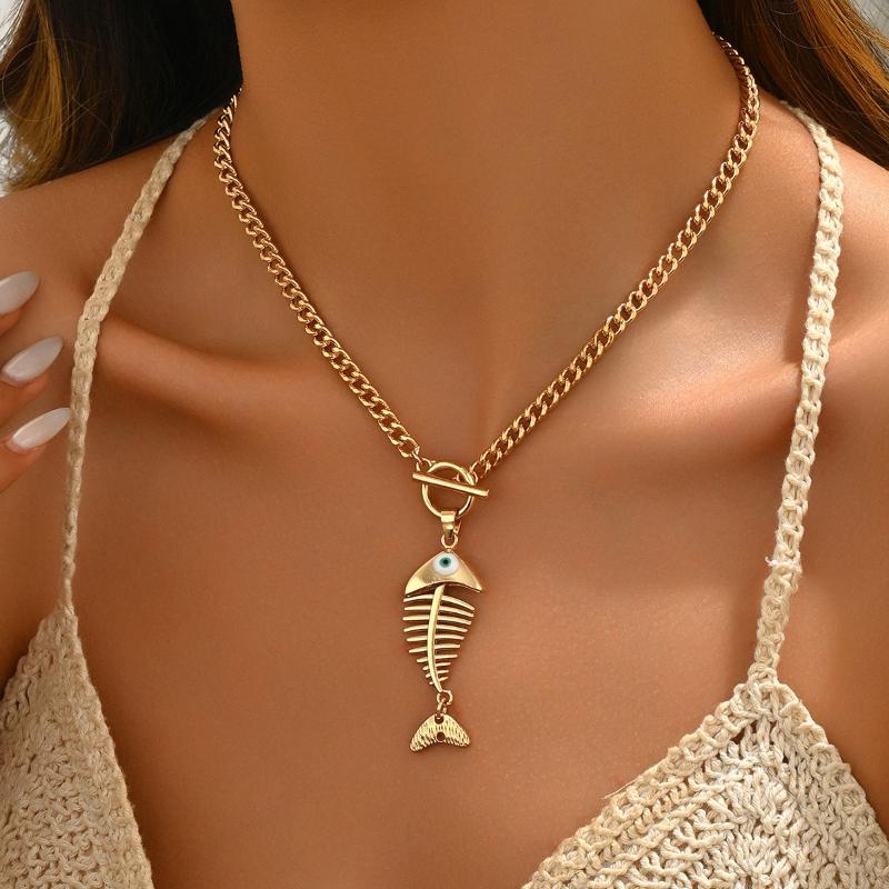 

Personalized and Trendy Gold Color Chain Fishbone Pendant Necklace, Men s and Women s Hip-hop Style Party Accessory Gift