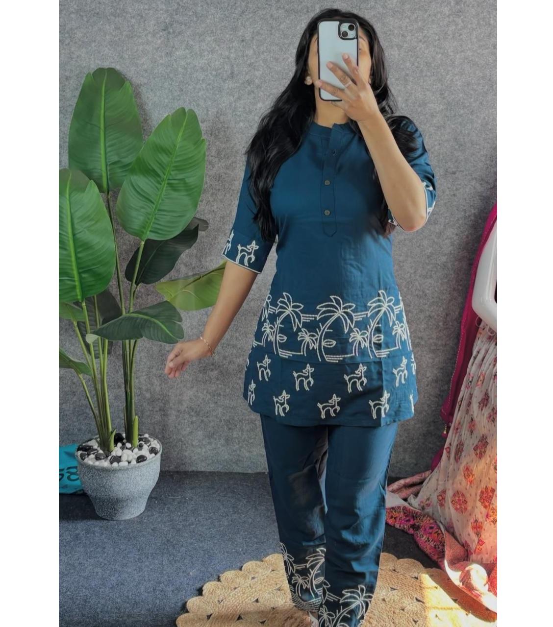 

Индийский дизайнерский праздничный топ-туника-курта и брючный комплект для женщин, болливудская туника-курты с шнурком 2XL синий