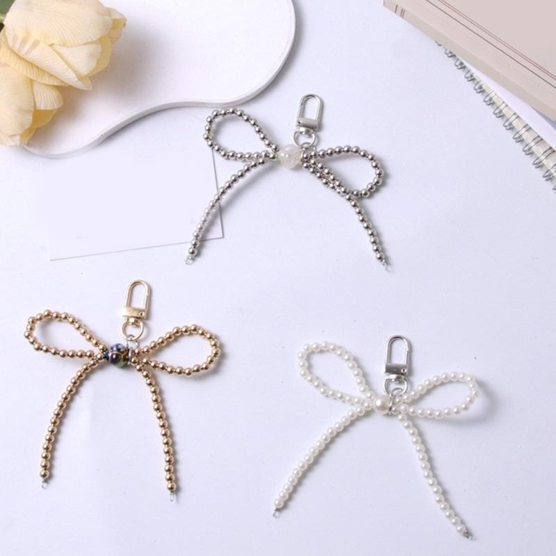 Fashion Beaded Bowknot Charm Keychains Sweet Cool Pendant Ornament Keyring Backpack Decoration Jewelry for Women Girls