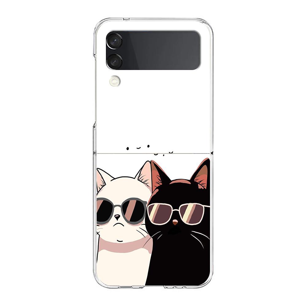 Phone Cover For Samsung Galaxy Z Flip 6 5 4 Case Transparent For Samsung Z Flip 3 Hard PC Foldable Bags Cartoon Black Cat Couple