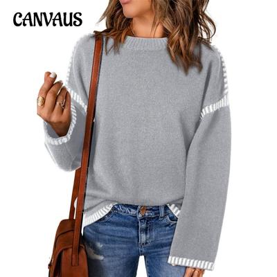 Herbst und Winter Damen Pullover in Übergröße Modischer einfarbiger Rundhalsausschnitt Lockerer Langarm Color Clash Gestreifter Strickpullover