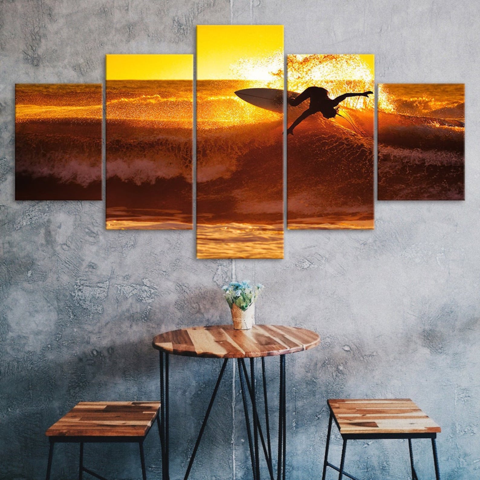 

Sunset Ocean Surfing Scenery Canvas 5 Piece Five Panel Wall Print Modern Art Poster Picture Home Decor Gift For Him For Her 20X35 20X45 20X55CM