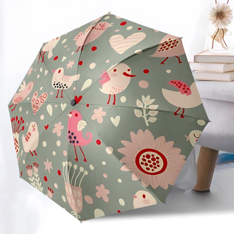 1pc Birds Flowers Fashionable Automatic Opening/Closing Folding Umbrella with 8 Bones, Windproof Portable, Daily Use118