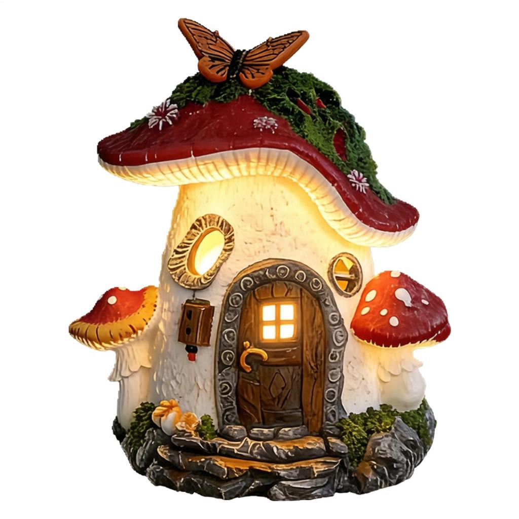 Solar-Powered Illuminated Mushroom House Cute Resin Solar Light Fairy Houses mini Landscape Gnome Terrarium House Castle