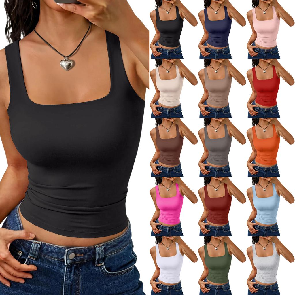 Women's Basic Square Neck Sleeveless Top Casual Fitted Tank Shirt Stretchy Ribbed Undershirt for Daily Wear