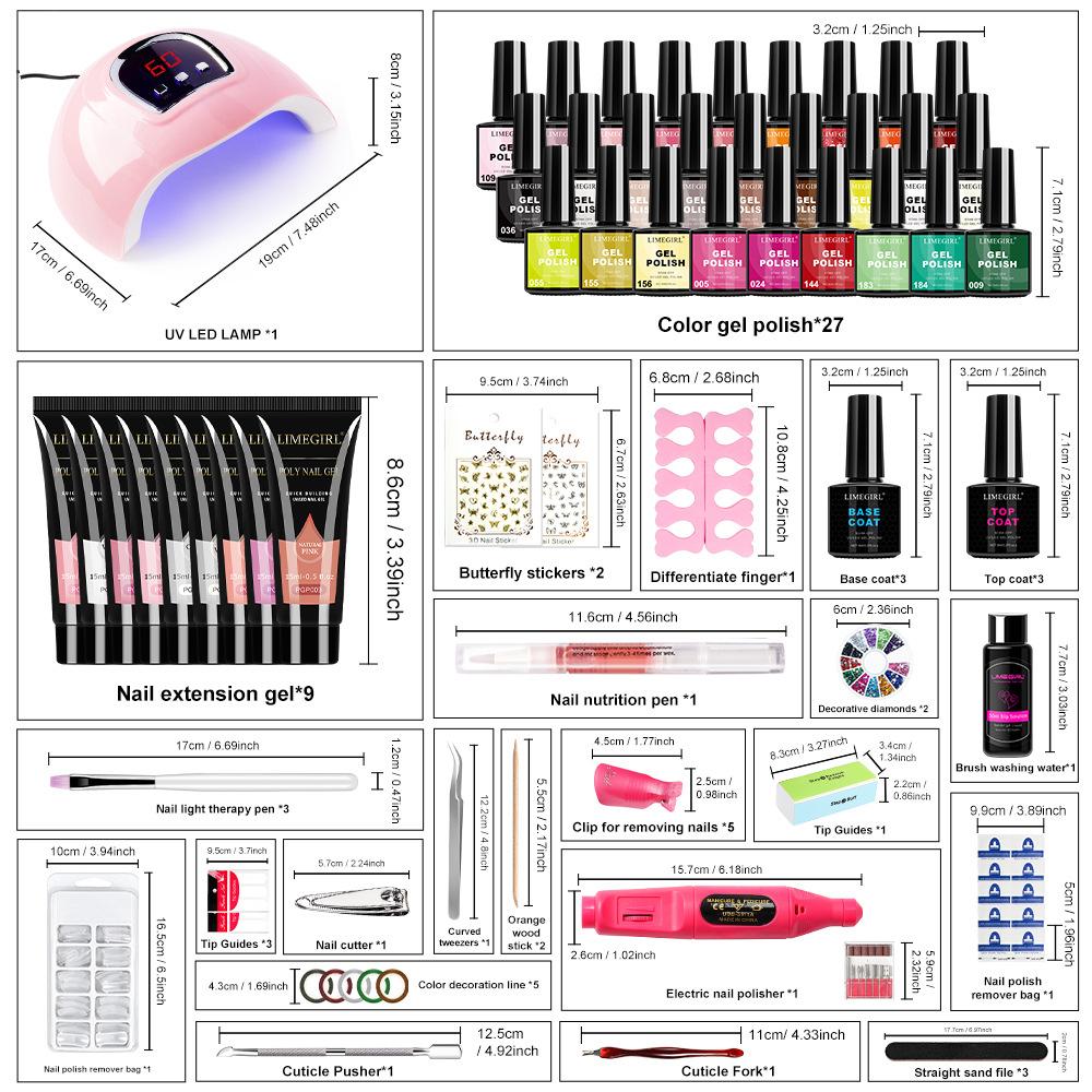 27 Colors Gel Polish Set, Nail Art Tools Kit with Builder Gel, Rhinestones, Stickers, Nail Tips, LED Lamp & Drill Machine