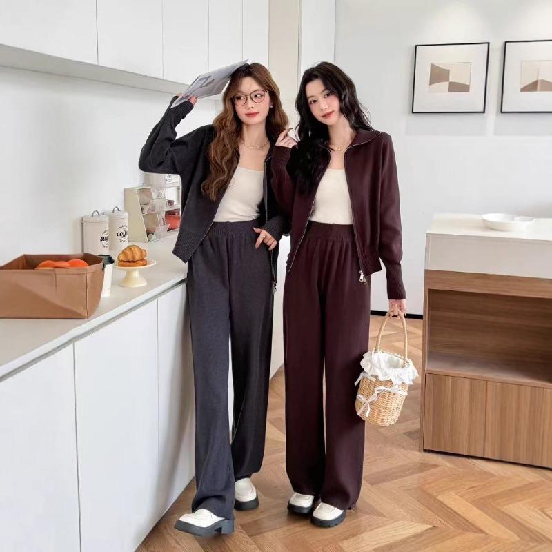 Damen Mode Langarm Doppelreißverschluss Pullover Cardigan Hose Sport Zweiteiler Lässiger Cardigan Anzug Damen