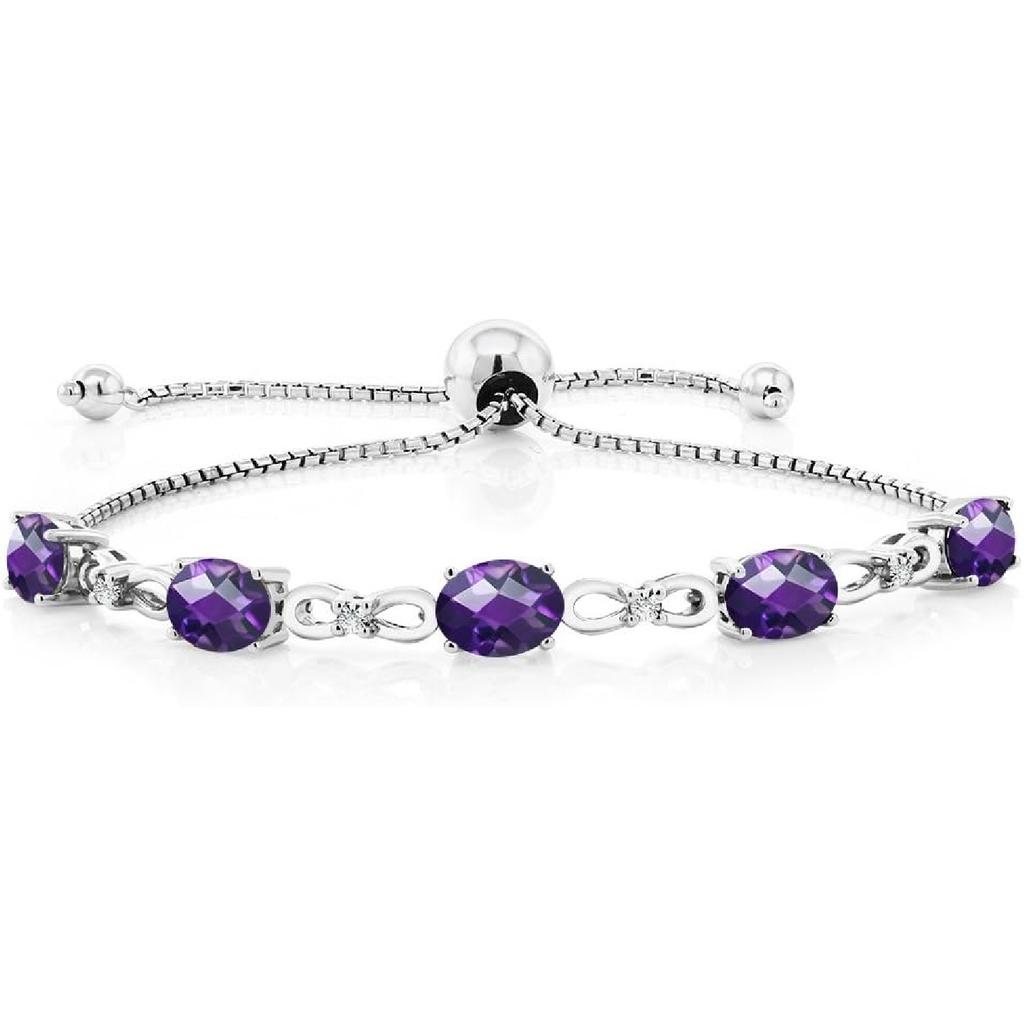 Gem Stone King 3-6 Cttw Gemstone Birthstone and Accent Lab Grown Diamond Tennis Bracelet For Women | 925 Sterling Silver | 7X5MM Oval | Adjustable