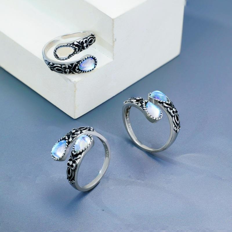 Moonstone Natural Serpentine Vintage Ring Engraved Teardrop Engagement Ring Moonstone Gemstone Men's and Women's Jewelry