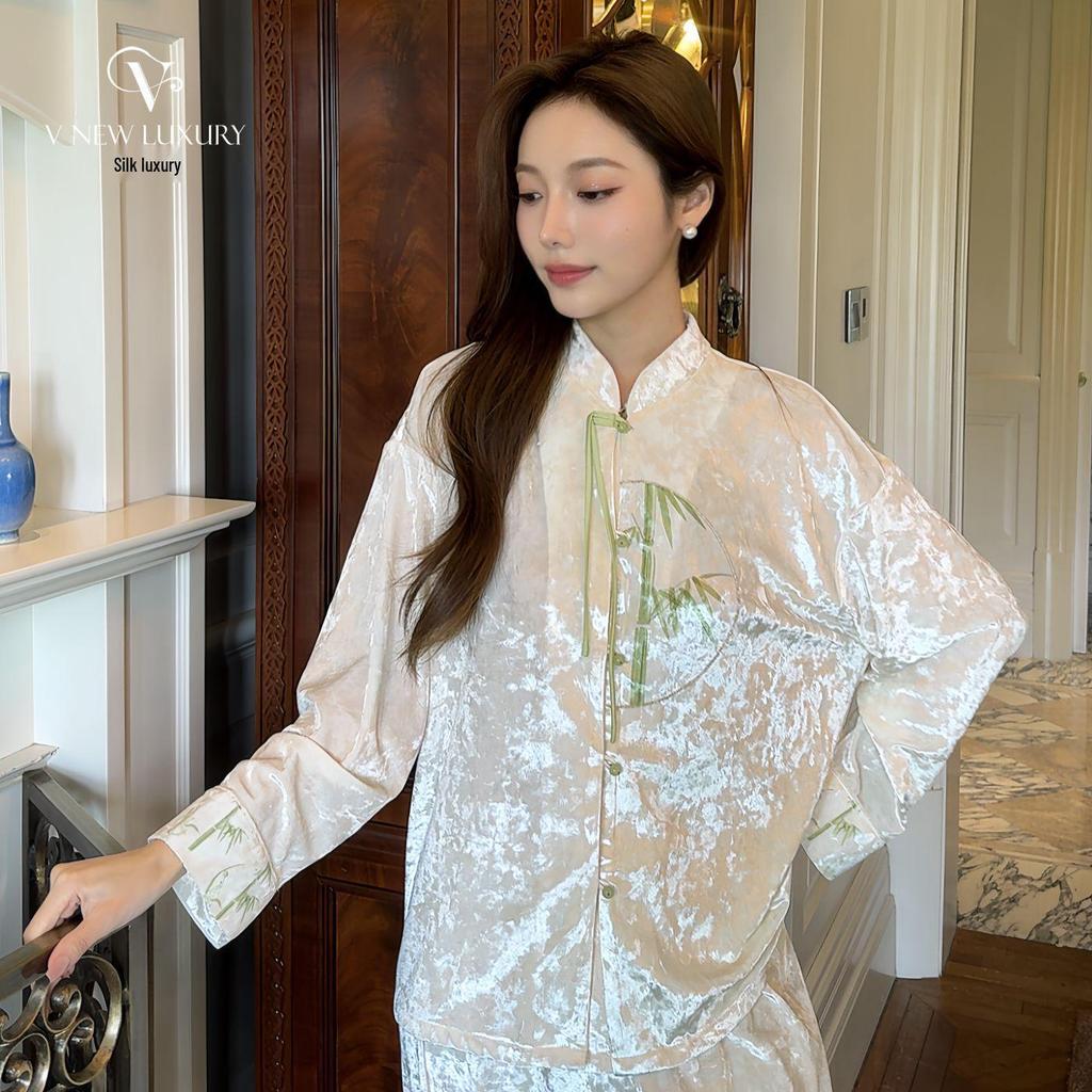 Silk Luxury Women's Bamboo Pattern Velvet Pajamas - Autumn/Winter Discontinued Clearance