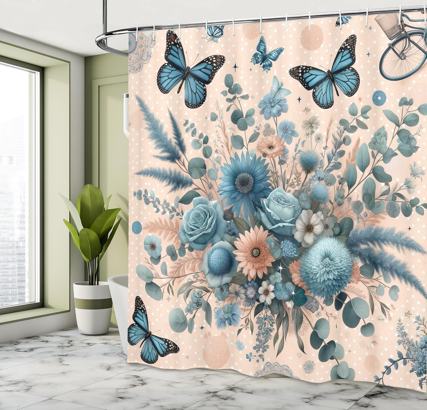 Floral Eucalyptus Shower Curtain, Joyful Delicate Spring Garden with Leaves Butterflies and Flowers, Cloth Fabric Bath 90x180cm