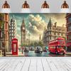 Vintage London Street View Double Decker Bus Theme Banner Background Cloth Birthday Party Home Decoration Photography Backdrop