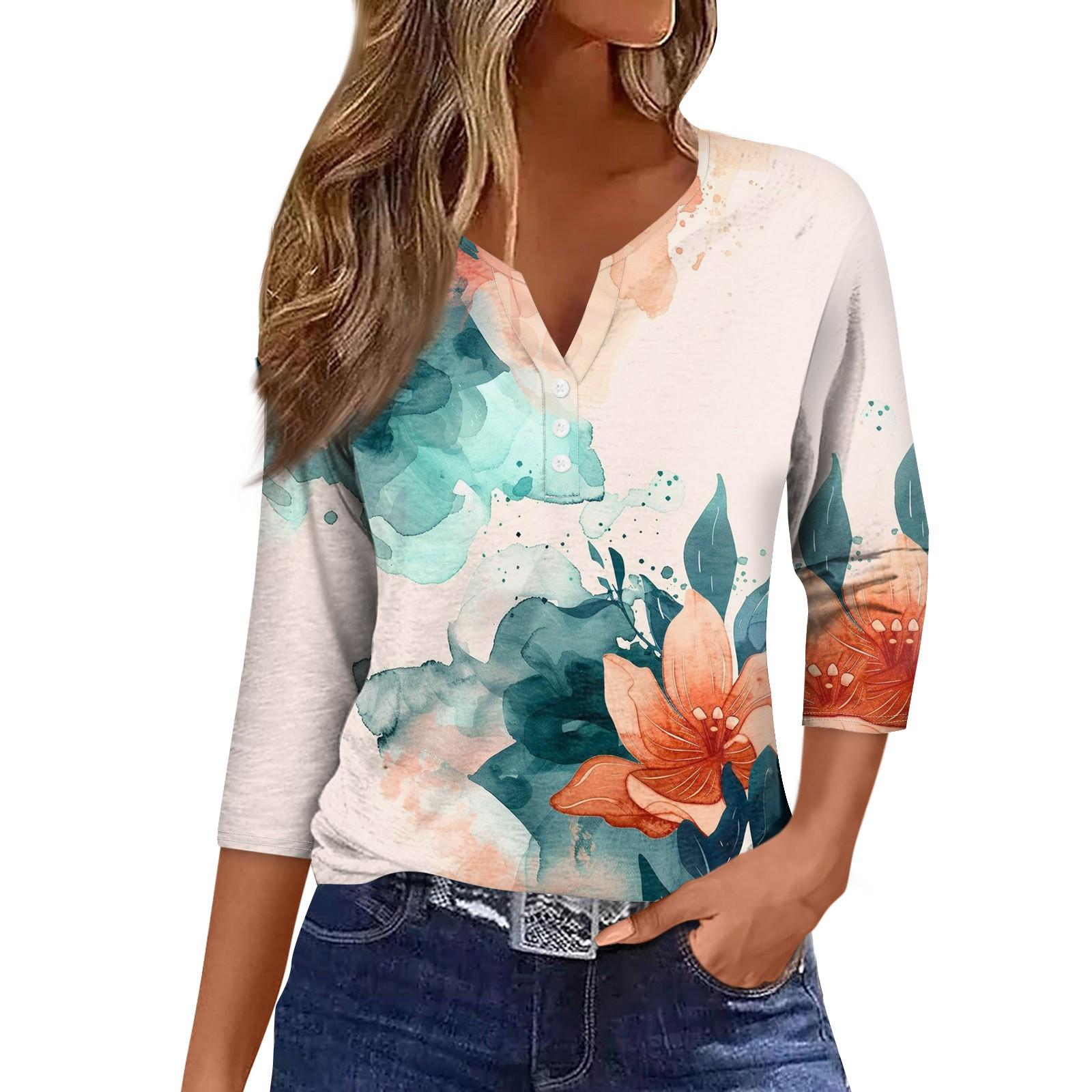 

Женская модная повседневная футболка с коротким рукавом и V-образным вырезом, декоративными пуговицами и рукавом три четверти L красный