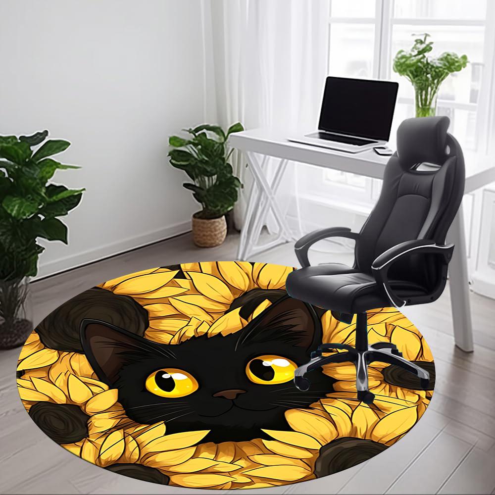1pc Black Cat Sunflower Chair Carpet for Office, Round Polyester Mat, Indoor Decor for Office, Washable Non-slip Carpet yy251219133