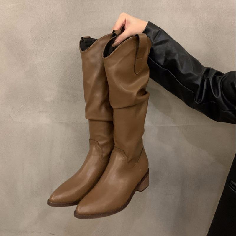 Thick heel retro brown mouth boots women's new fashion Maillard thin and tall stacking boots boots