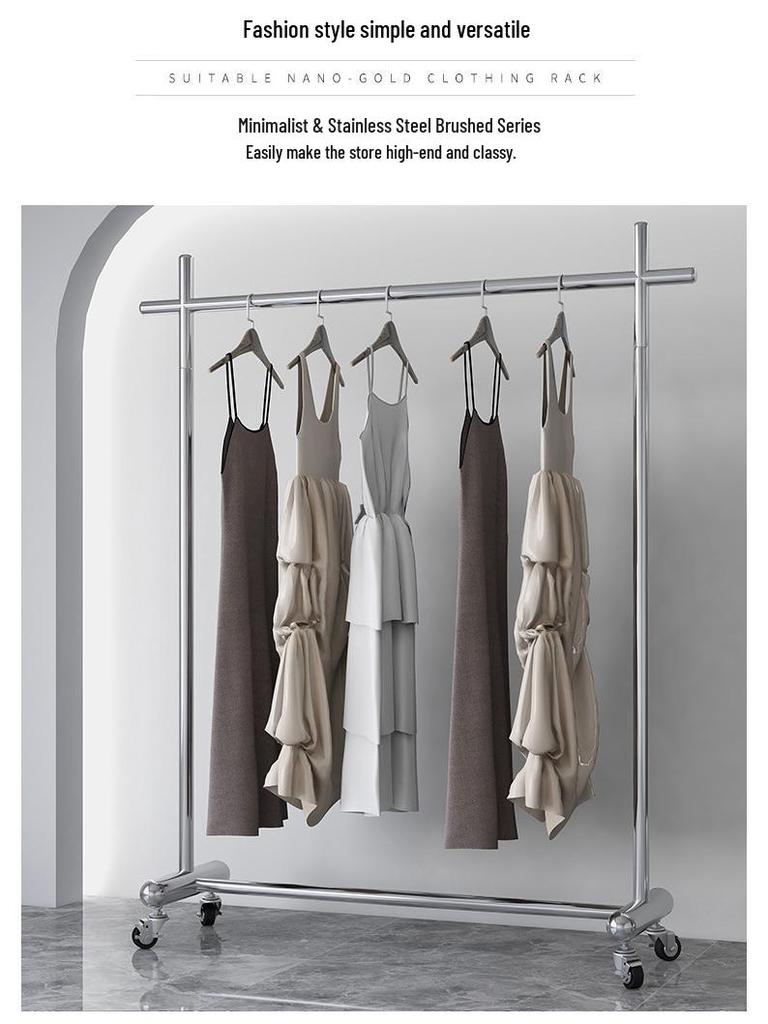 Adjustable Clothing Display Rack with Wheels – Stainless Steel, for Women's and Children's Apparel.